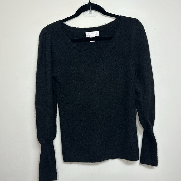 Rachel Parcell Wool Blend V Neck Puff Sleeve Sweater‎ Black XS - Picture 2 of 6